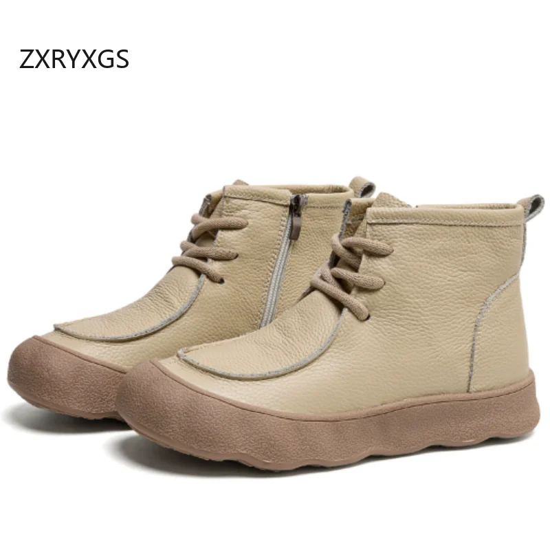 ZXRYXGS Cross Strap Side Zip Women's Genuine Leather Boots Cotton Shoes 2026 Winter Snow Boots Trend Sneakers Ankle Boots Flats