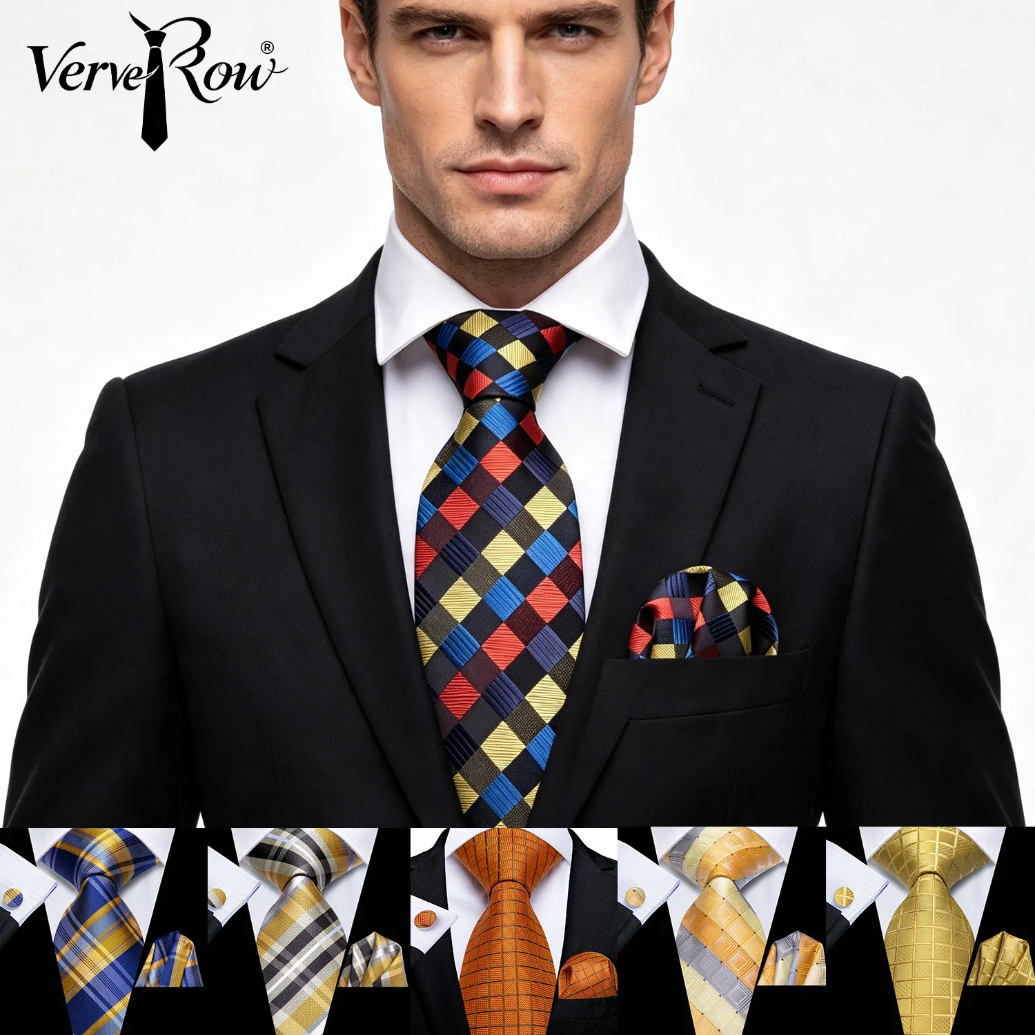 VerveRow Men Multicolor Square Check Necktie & Pocket Set Vibrant Plaid Tie Formal Party Wedding Suit Accessory Gift