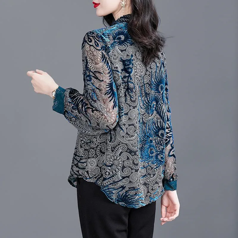 Autumn Vintage Printed Elegant Chic Sexy Lace Patchwork Office Lady Button Up Shirt High Quality Fashion Blouse Top Women Blusas