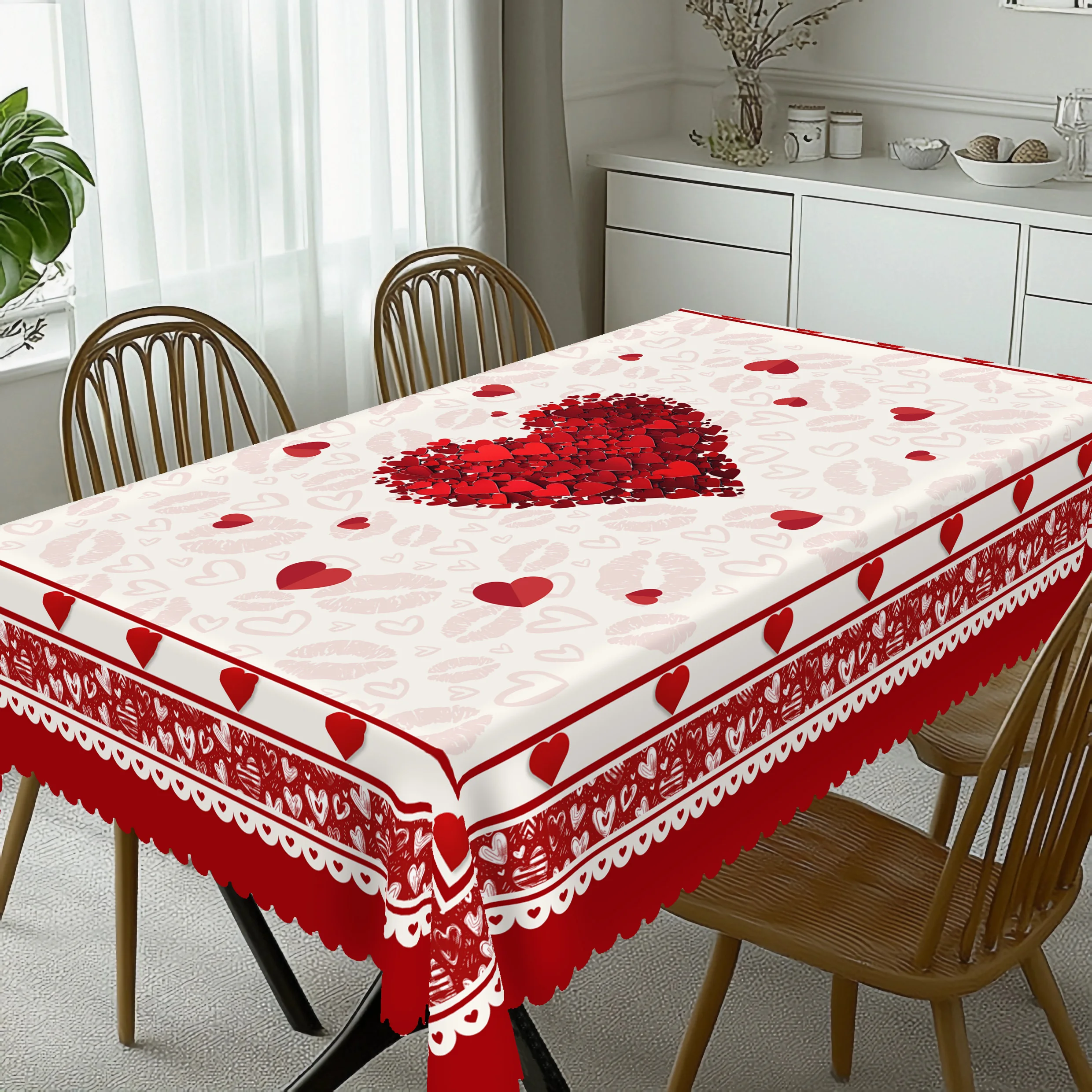 1 Piece of Romantic Valentine\'s Day Square Tablecloth, 5 Sizes Available, Spring Heart-Shaped Pattern Round Tablecloth, Edge Embossing Process,