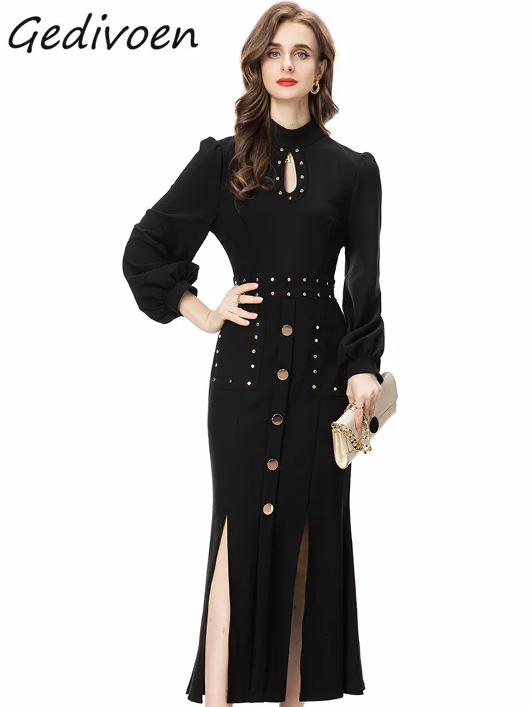 

Gedivoen Autumn Fashion Designer Elegant Party Dress Women's Stand Collar Button High Waist Package Buttock Slit Slim Long Dress