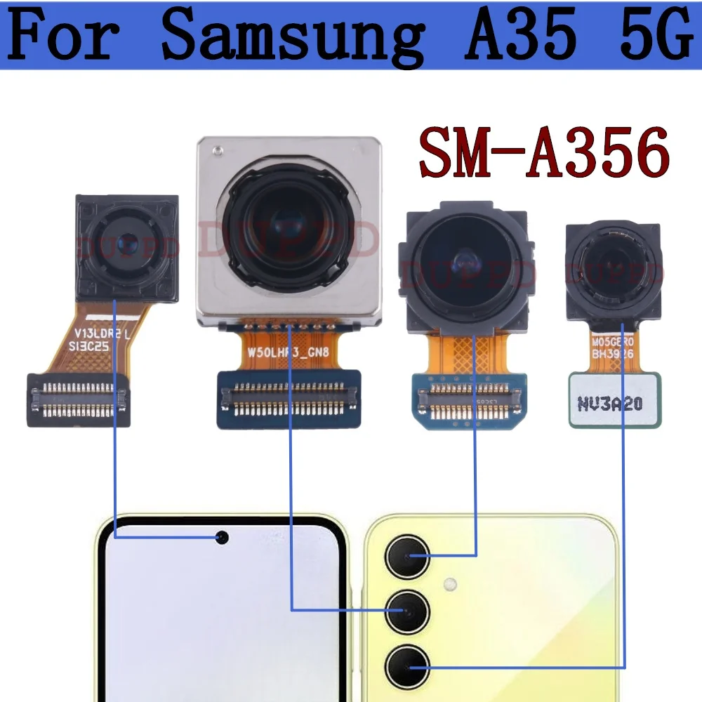 

Передняя задняя камера для Samsung Galaxy A35 5G SM-A356B A356E A356U, широкий макрофонный модуль основной задней камеры, гибкий кабель