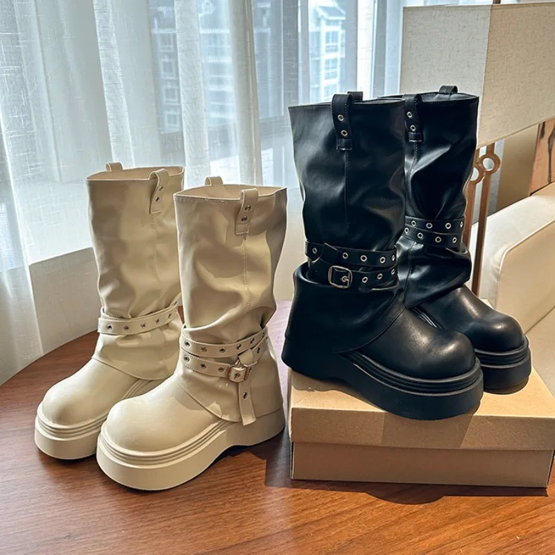 

Женские универсальные узкие ботинки на платформе с пряжкой на ремне, новинка 2025, универсальные ботинки до бедра в стиле ретро