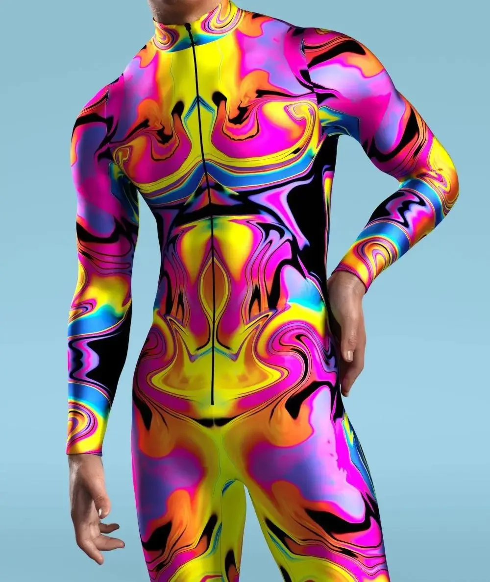 

3D Printing Holiday Party Men CyberPunk Rainbow Jumpsuit Wear Onesie Halloween Cosplay Costume Elastic Bodysuits Rompers