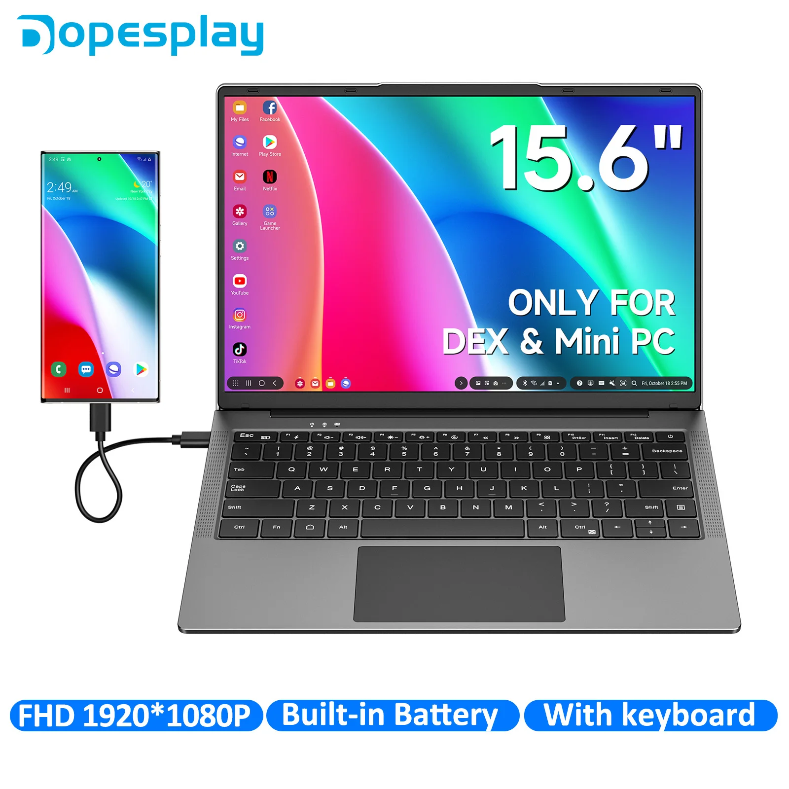 Dopesplay 15.6inch Portable Lapdock Monitor For Samsung Deck with Keyboard FHD 1080P IPS External Second Monitors For Mac Laptop