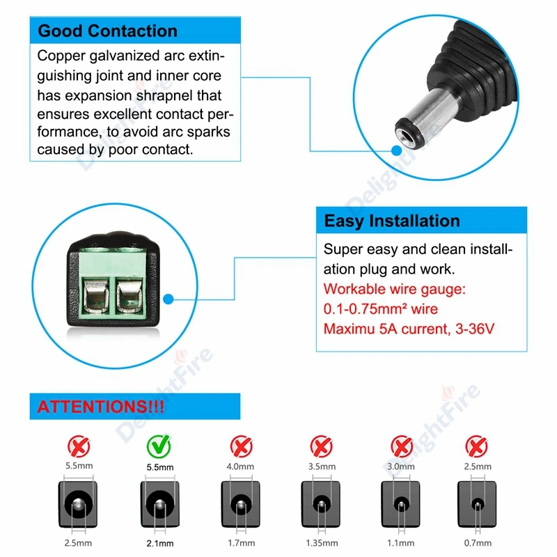 Female Male DC Connector 5.5*2.1mm Jack Plug Power Adapter Wire Connector For 3528 5050 5730 LED Strip Cable Light CCTV Camera