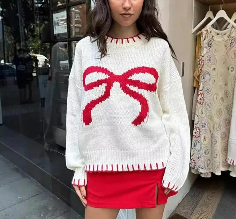 

Женские вязаные свитера с бантом и принтом, свитер с круглым вырезом и длинными рукавами, элегантный уличный пуловер, осень-зима