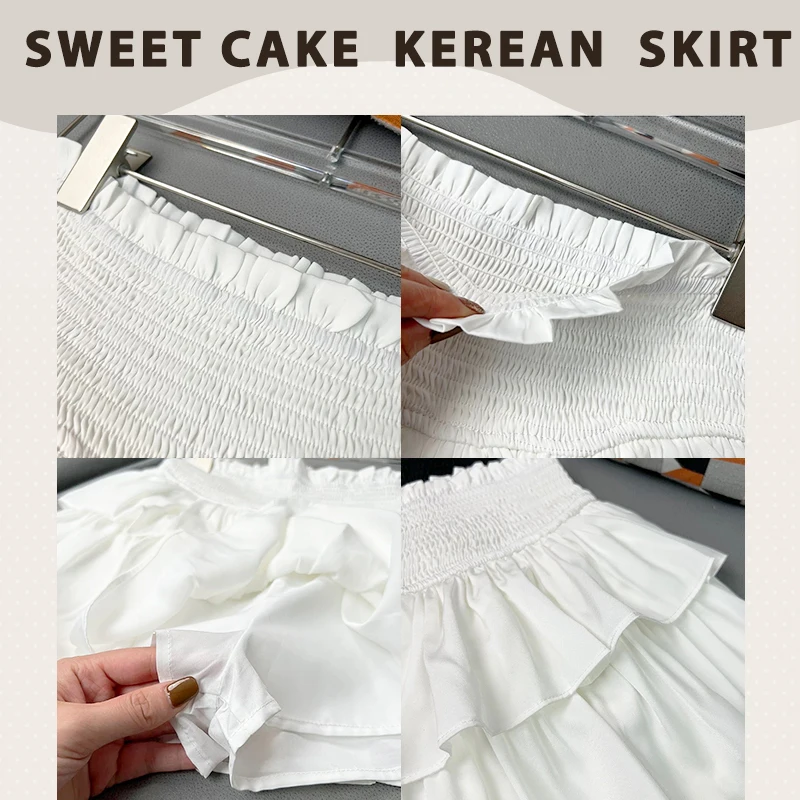 Y2k Sweet Woman Clothing Cake Skirts Ruffles Casual Simple Short White Chiffon Skirt Black Kerean Summer 2024 Ballet Style Skirt