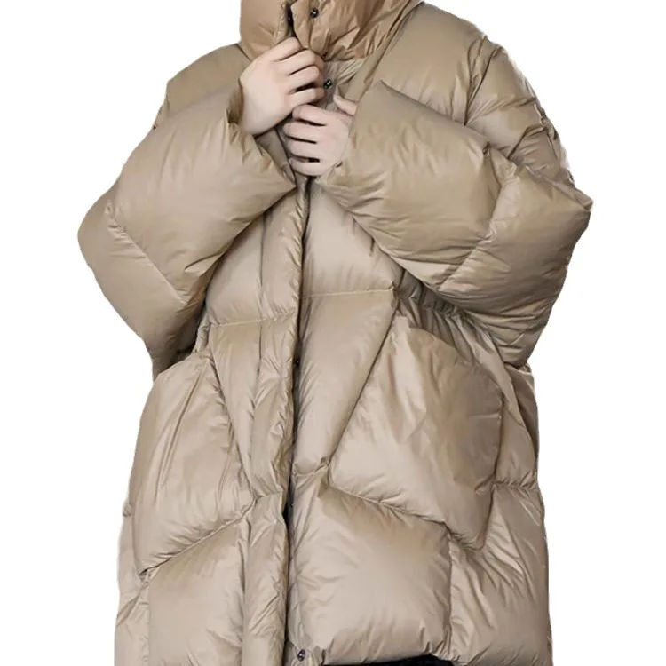 Winter New European Large Down Coat Women Standing Neck Mid Length Thickened Loose Fit Warm Casual White Duck Down Coat