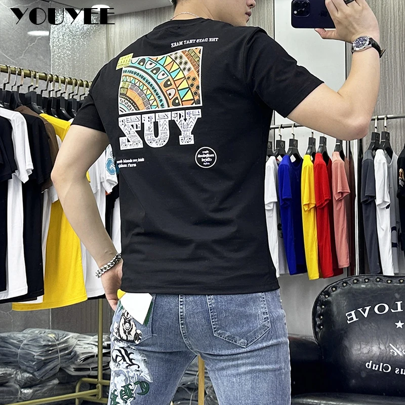 T-shirt For Men's Fashion Printed Round Neck Short Sleeved Tops Mercerized Cotton Plus Size 7xl Trend Homme Tees Man Clothing