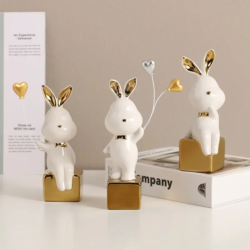 Kawaii Rabbit with The Balloon Art Sculpture Home Decor Luxury Living Room Bookshelf Elegant Gymnastics Rabbit Kawaii Room Decor