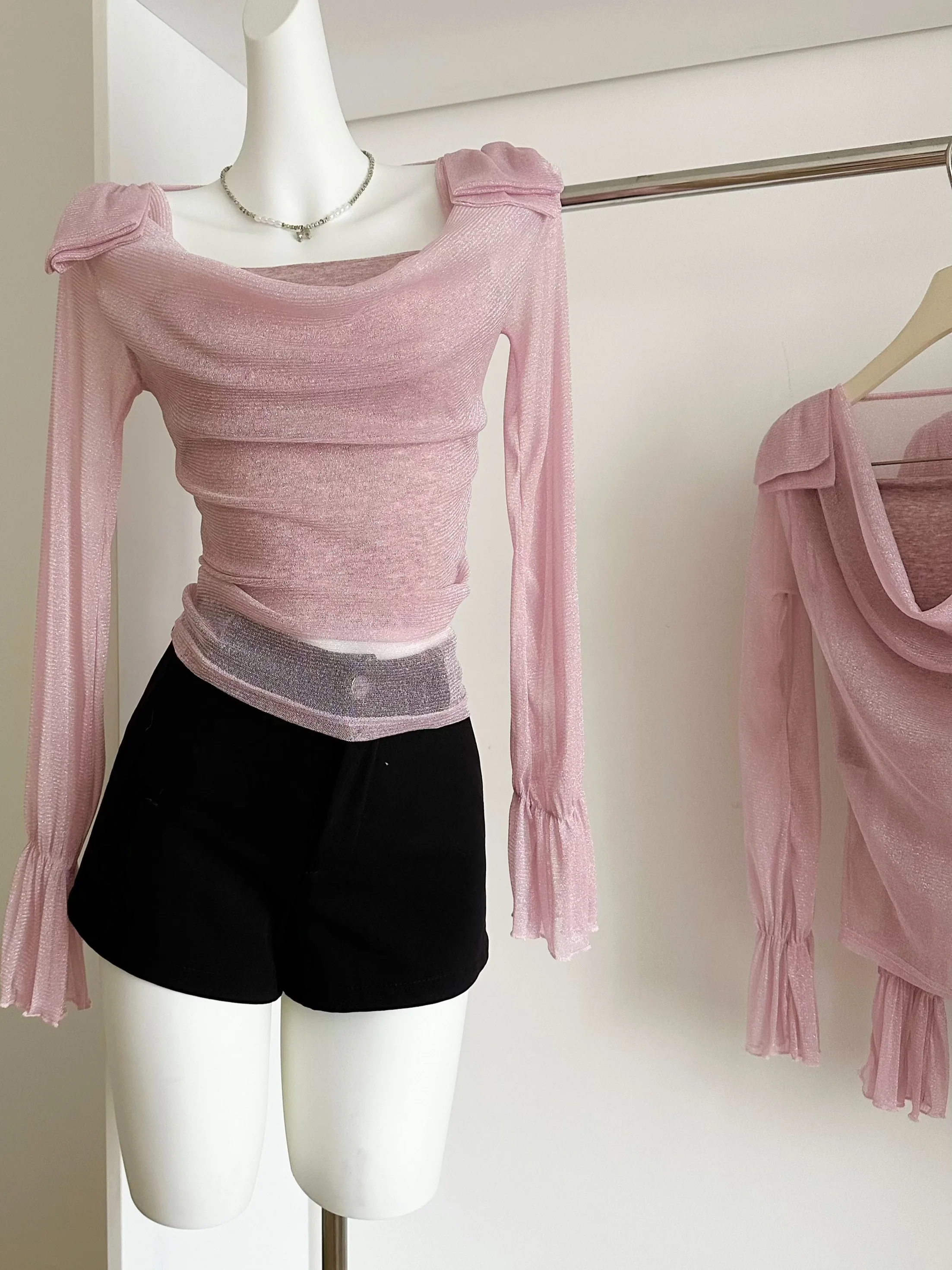 

Sexy Knot Long Sve Thin Me Top Women's Slim Fit Base T-irt Sweet Sle Polyester Fiber Flip Collar