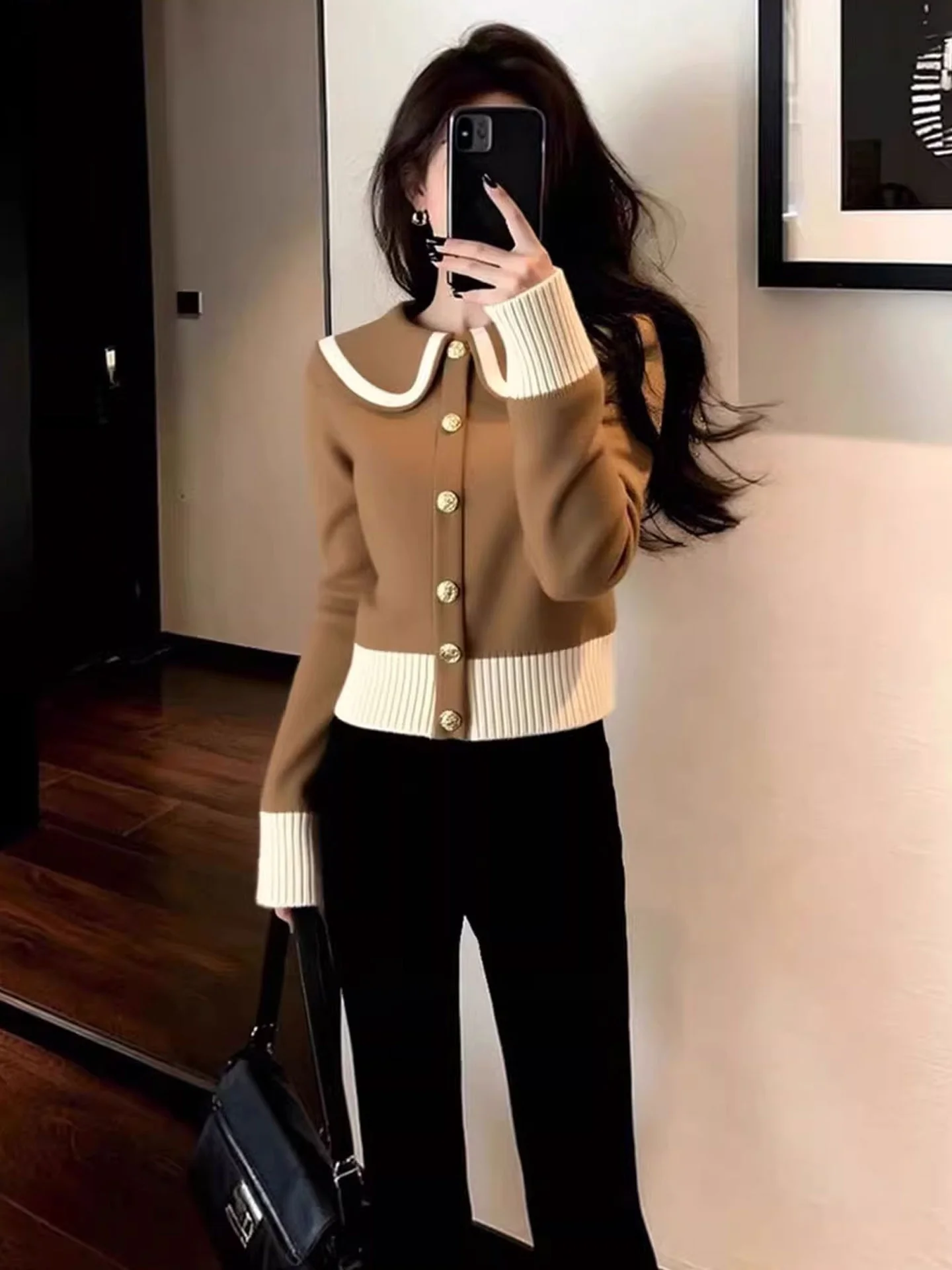 

Вязаный свитер Ele Color Blo с длинными рукавами на одной пуговице, зимний модный топ, высококачественный европейский бренд, для повседневной носки, стандартный крой