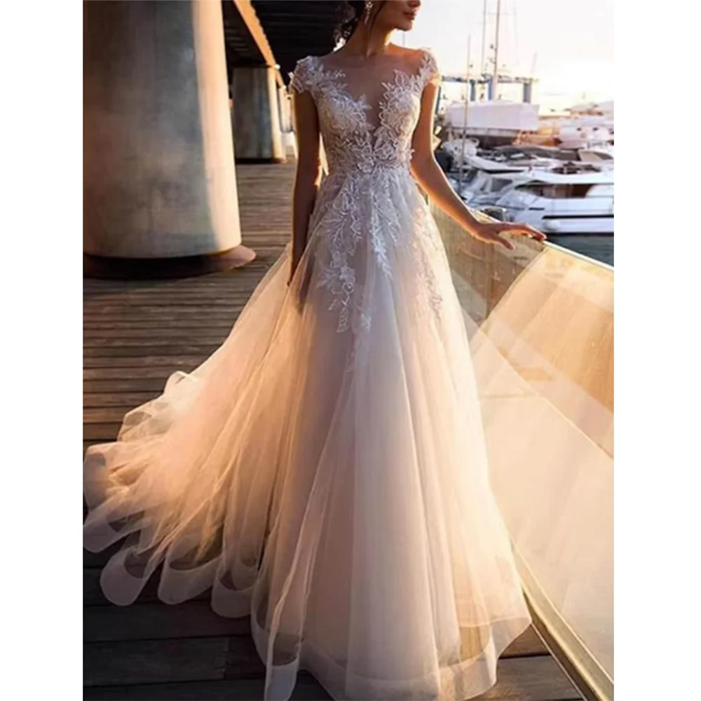 

Classy White Wedding Dresses Floor Length A-line Appliques V-neck Short Sleeves Princesss Sweet Women Evening Party Gowns