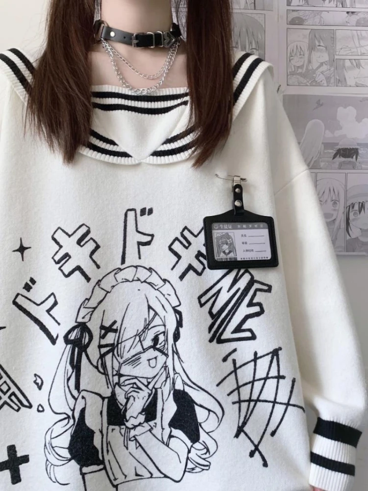 Stile Preppy Cartoon Jacquard Maglione lavorato a maglia Donna Causale Allentato Y2K Estetico Pullover Stile Preppy Colletto alla marinara Maglioni Top