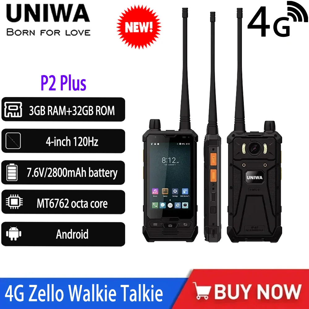 UNIWA P2 Plus 4G Zello Walkie Talkie 4 ” Smartphone DMR UHF 480MHz Repeater Removable 7.6V/2800mAh Android 3GB 32GB SOS NFC IP67
