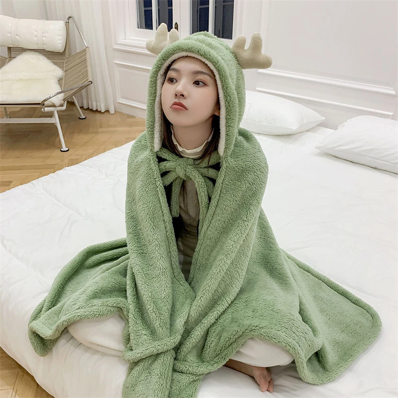 Winter Nightgown Shawl Thickened Bathrobe Blanket Nap Pullover Antler Sweatshirt Office Cute Student Solid Color Hooded Fashion