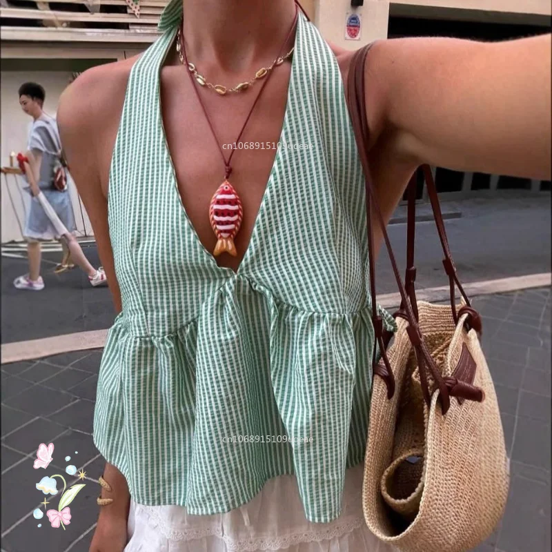 

Bohemian Plaid Babydoll Tank Tops Coquette Tie-up Halter Neck Sleeveless Vest Summer Backless Crop Tops Women Holiday Streetwear