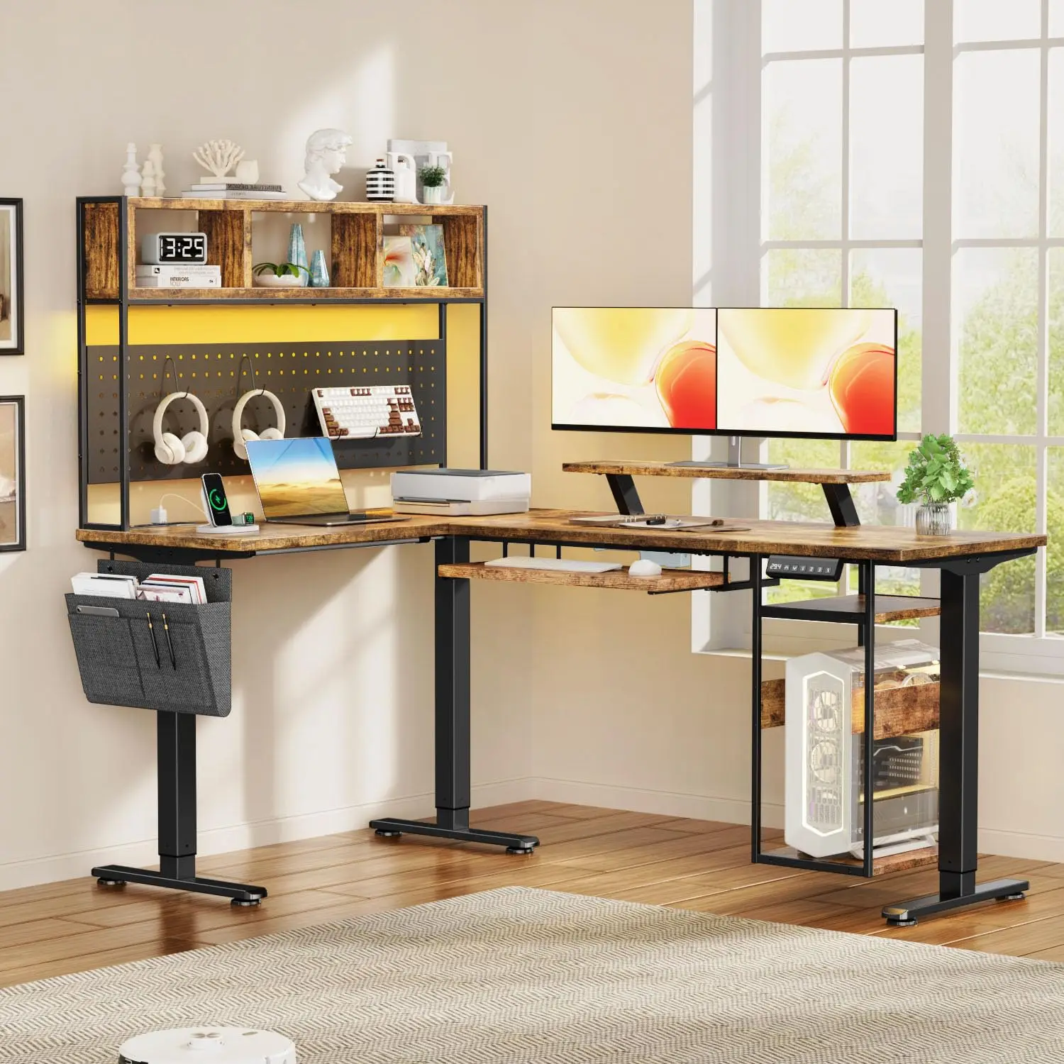 L Shaped Electric Standing Desk 67x47 Inch Corner Desk with Shelf LED Lights Power Outlet Dual Motor Storage Brown, Customized