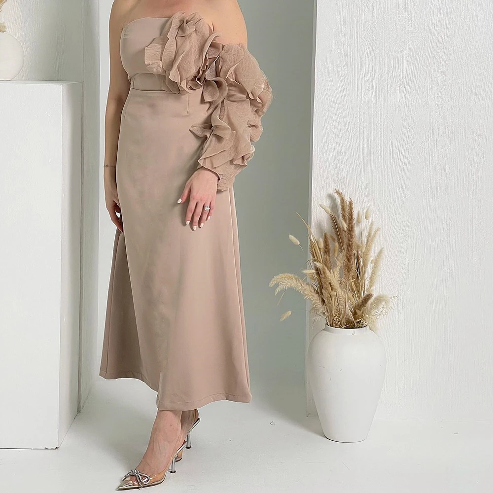 

Customized Fashion Straight Ankle Length Strapless One Shoulder Jersey Long Sleeves Evening Dress Elegant vestidos para mujer