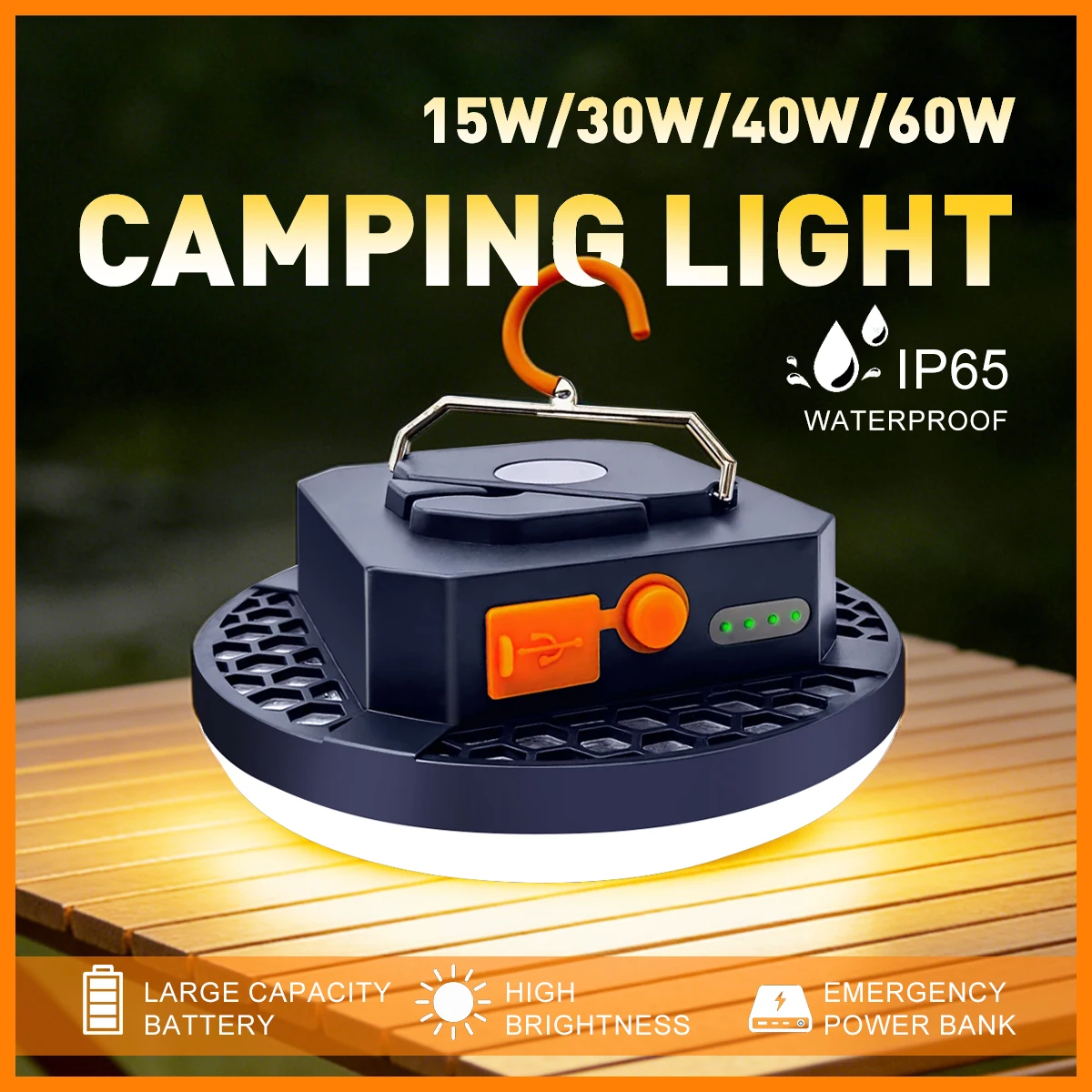 30W 40W 60W Hochhelle LED-Campinglampe, USB-Ladung, IP65 Wasserdicht, Tragbare Outdoor-Arbeitsleuchte für Campingzelt, Garten, Garage, Notfall bei Stromausfall