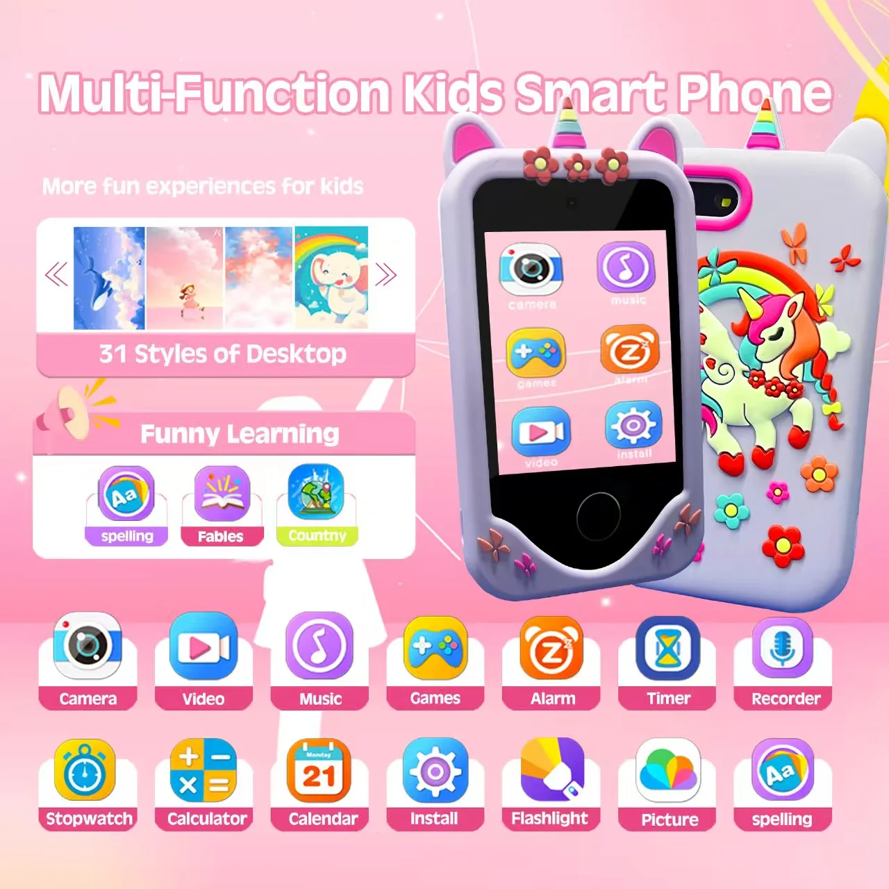 Children Smart Phone Unicorn Toys 2.8 inch Touchscreen Digital Camera Toys For Girl Toy Music Player Christmas Birthday Gift