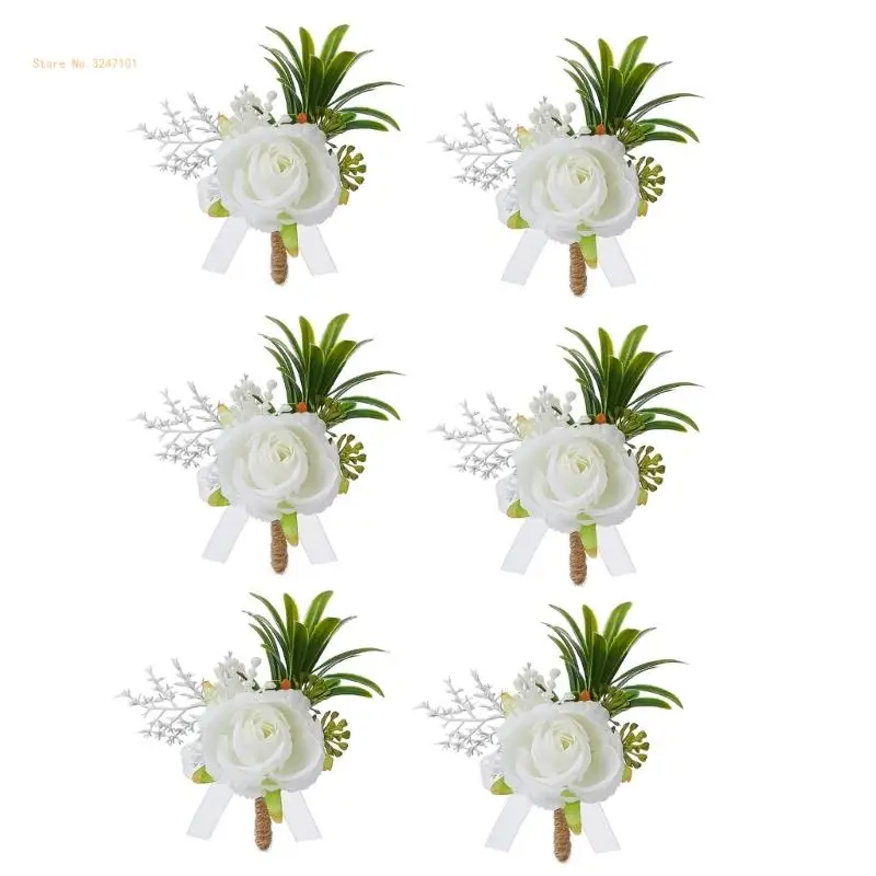 

6Pcs Realistic White Rose Boutonnieres for Wedding Party Elegant Florals Lapel Pin Accessory Stylish Suit Decoration Dropship