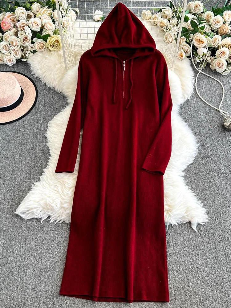 French Style Long Sleeved Hooded Sweatshirt Dress for Women Autumn Temperament Solid Color Loose Long Dresses Female Clothing