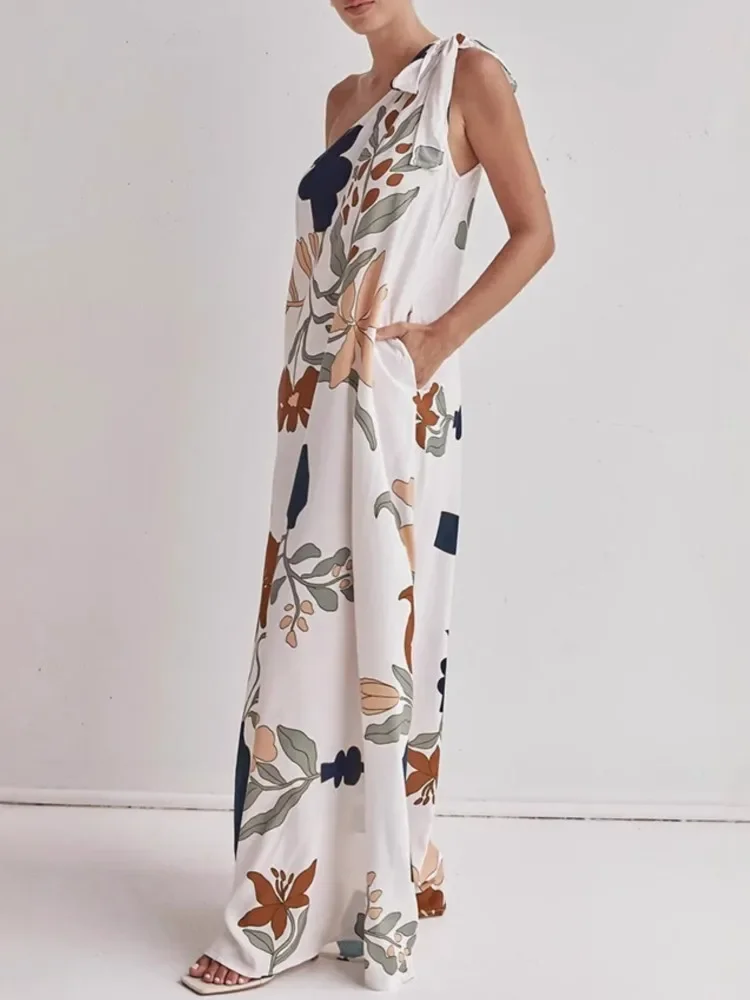 Women Sexy Beach Dress 2025 Swimwear Boho Bikini Cover Up Kimono Sleeveless Robe Dress Flower Printing Diagonal Neck Maxi Dress