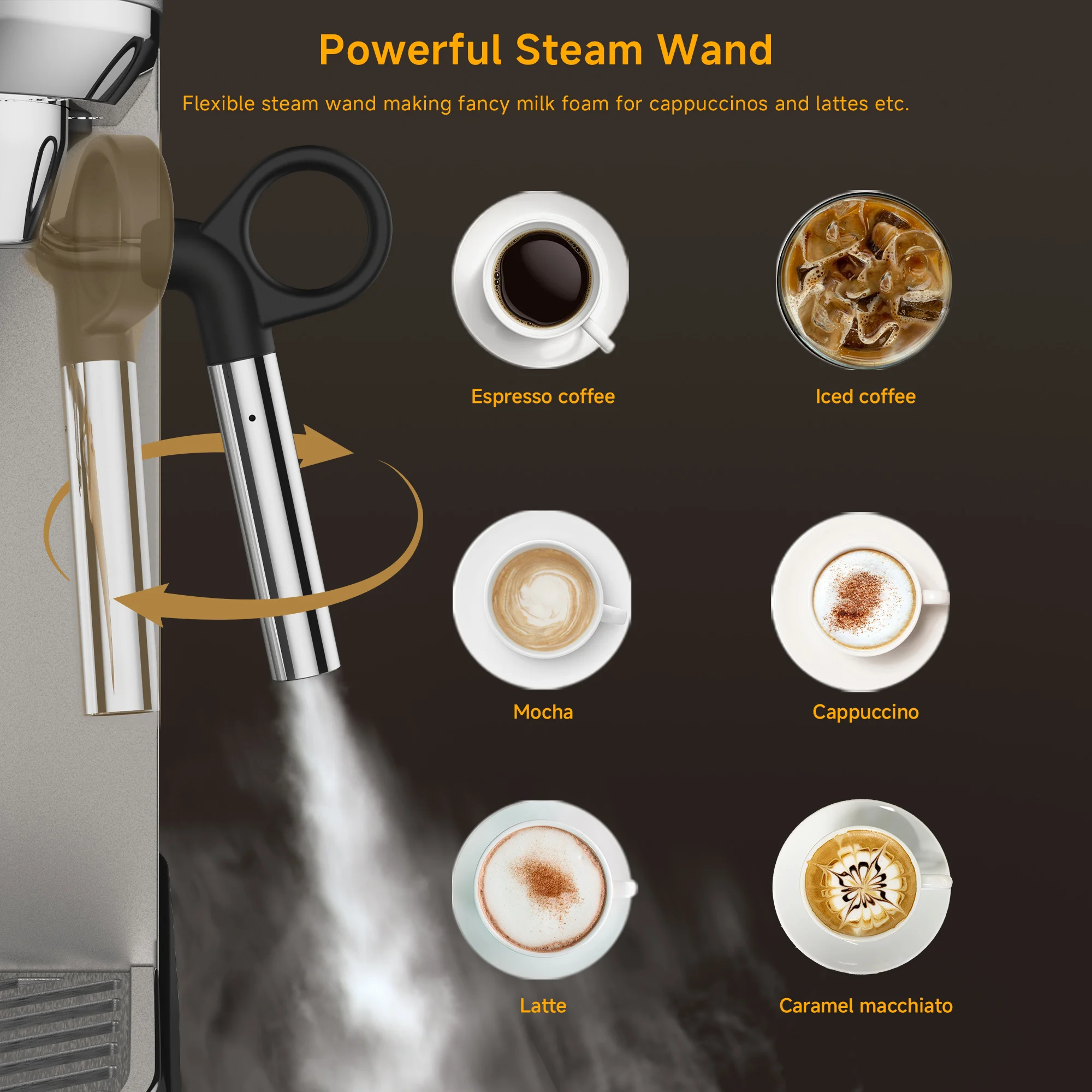 BioloMix Máquina de café en polvo semiautomática de acero inoxidable de 20 bares, con varita para espumar leche a vapor, para café expreso, capuchino
