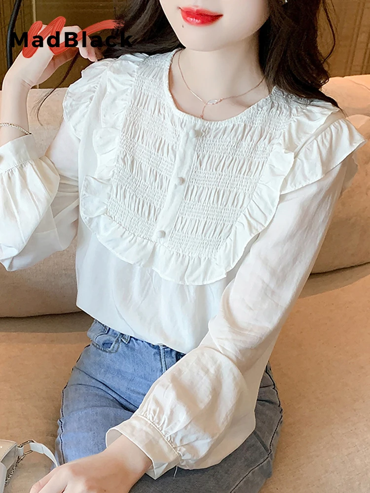 MadBlack-Damen-europäisches Hemd, sexy O-Ausschnitt, Rüschen, Patchwork, modische, langärmlige, lockere S-2XL-Bluse, 2026 Frühjahrsneuheit T5D810CC