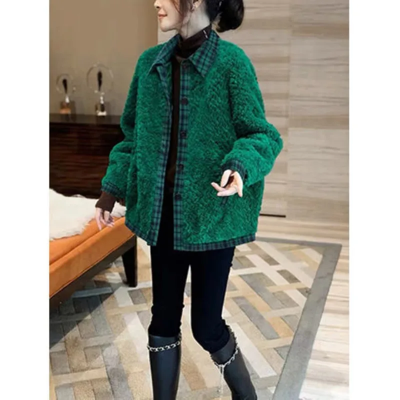 

Women's Polo Collar 2023 Autumn and Winter New Fashion Solid Color Patchwork Plaid Button Wool Liner Long Sleeve Cardigan Coat