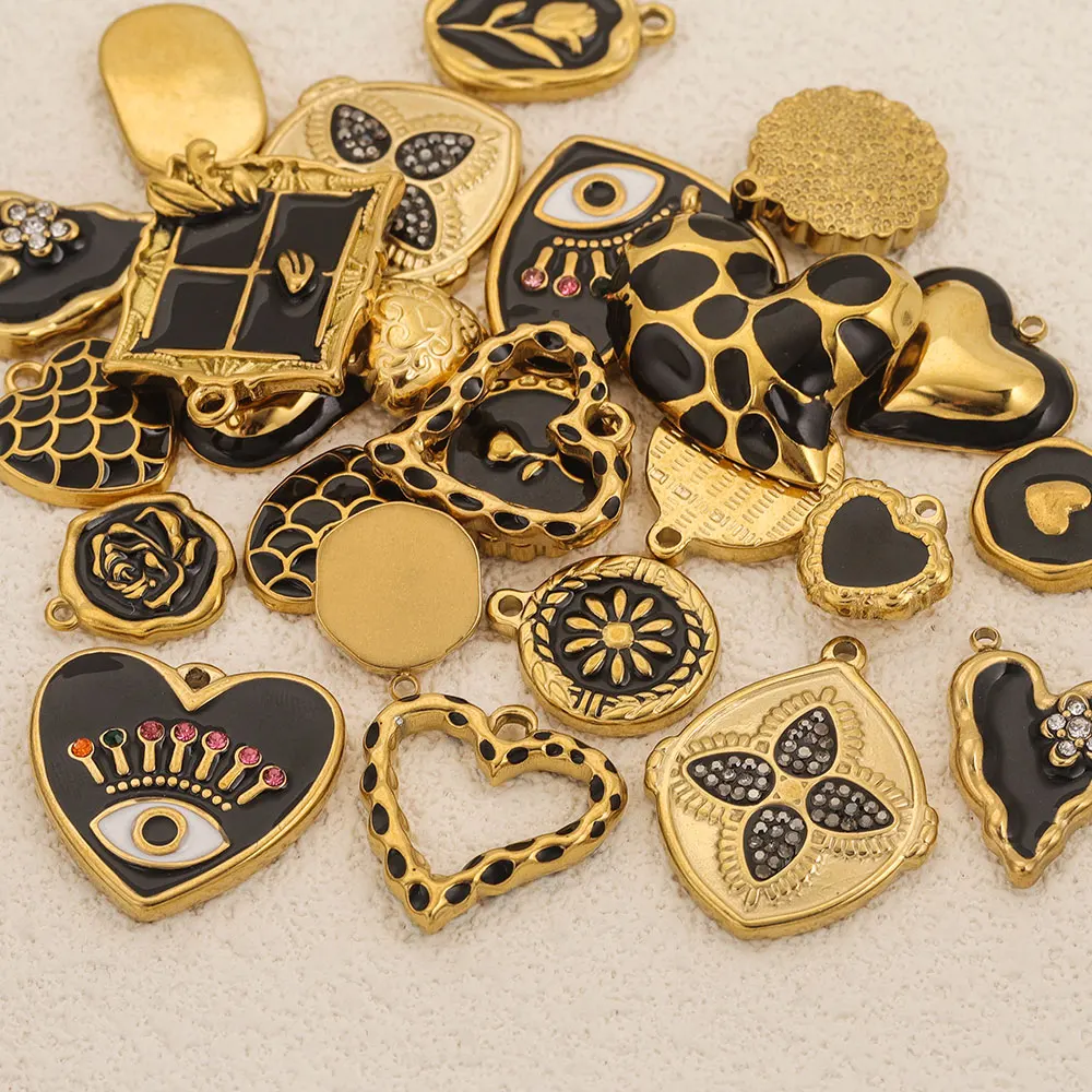 3/4/5pcs Stainless Steel Enamel Black Heart Pendant Accessories Gold-plated DIY Necklace Bracelet Women Jewelry Making Wholesale