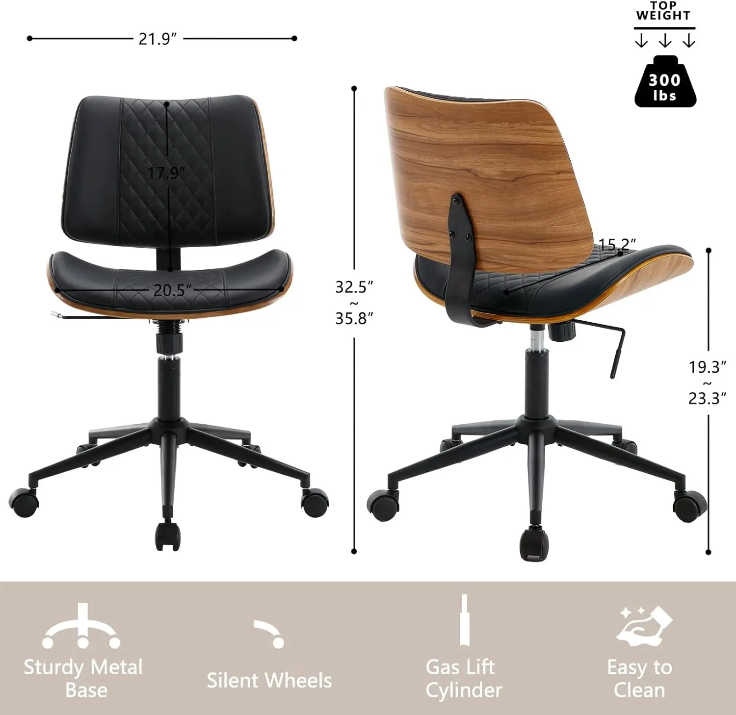 Home Office Chair No Arms with Wheels, Adjustable Height Small Desk Chair, PU Leather Mid Back 360 Swivel Computer Chair