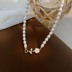 Dainashi Camellia Flower Charm Collarbone Necklaces for Women Girls 5-6mm Rice Shape Natural Freshwater Pearl Necklaces Jewelry