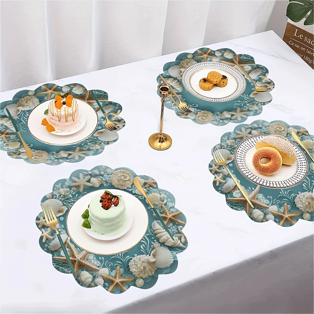 VIKAMA 4/6/8/10PC Wind Meal Mat Starfish Shell Wave Edge Circular Anti Heat Mat Dining Table Theme Restaurant Decoration