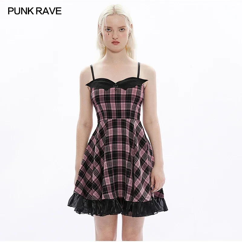 

PUNK RAVE Women's Bat Cross Playful Sexy A Line Slip Dress Fluffy Organza Lace Hem Decoration Club Pink Plaid Girl Clothing