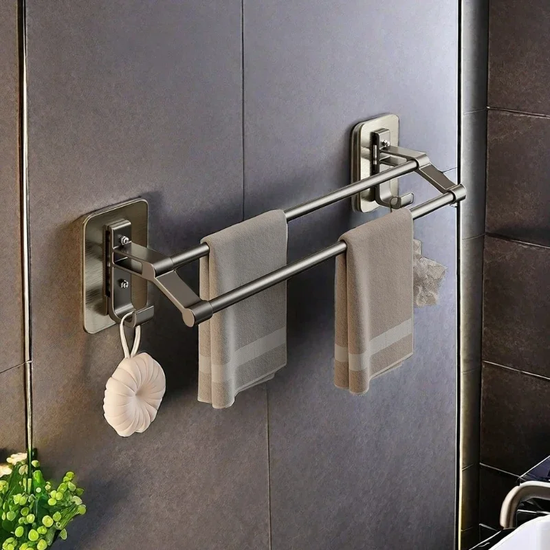 Toilet Accessories Self-Adhesive No-drilling Bathroom Towel Rack Clothes Holder Gray Aluminum Double Pole Bar With Hook