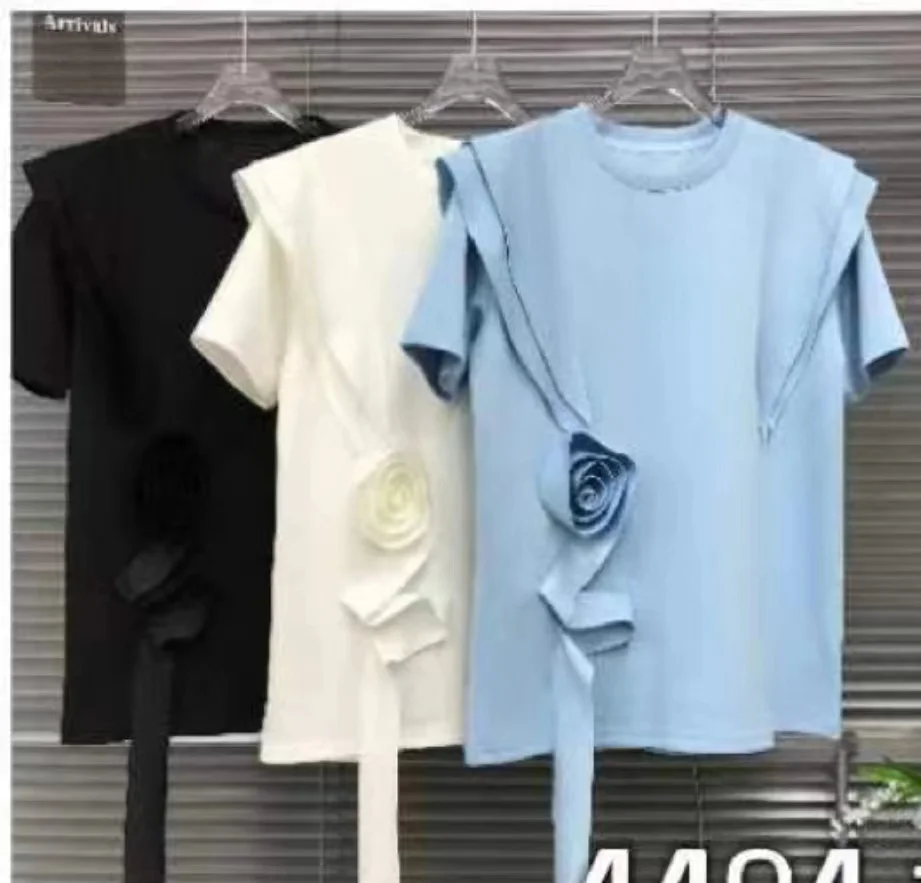 New In 2024 Summer Spring Fashion Cotton T-shirt Elegant O Neck Short Sleeve Patchwork 3D Flower Tassel Tops Tees T Shirt