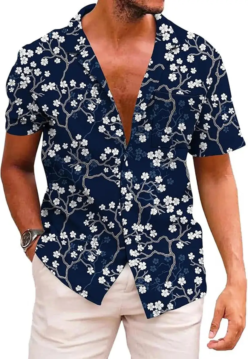 Men's Simple Casual Beachwear 3D Printed Shirt Street Casual Party Breathable Lapel Button Hawaiian Short-sleeved Shirt for Men