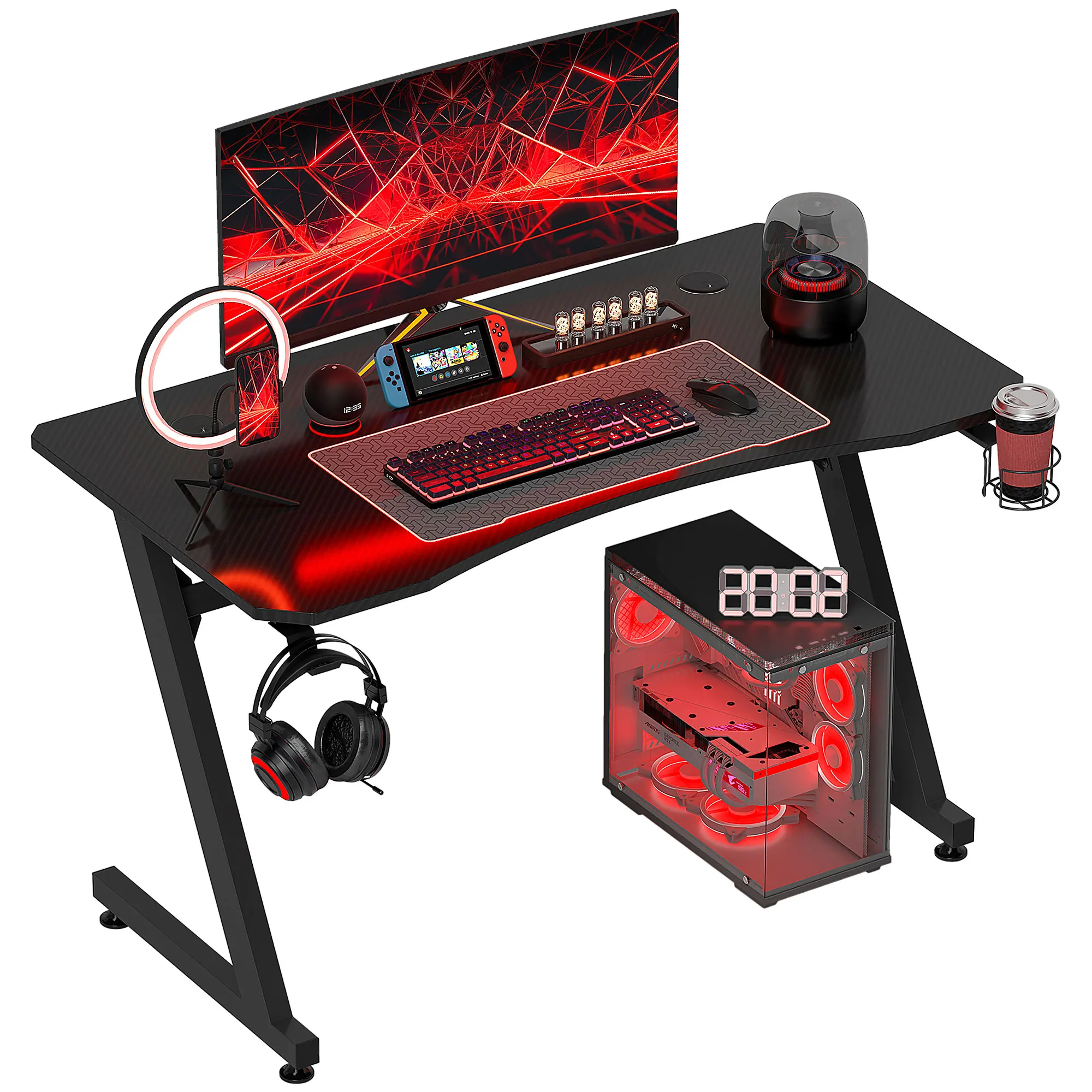 HOMCOM Mesa Gaming para Ordenador Portavasos Pies Ajustable 120x65x74,5cm Negro