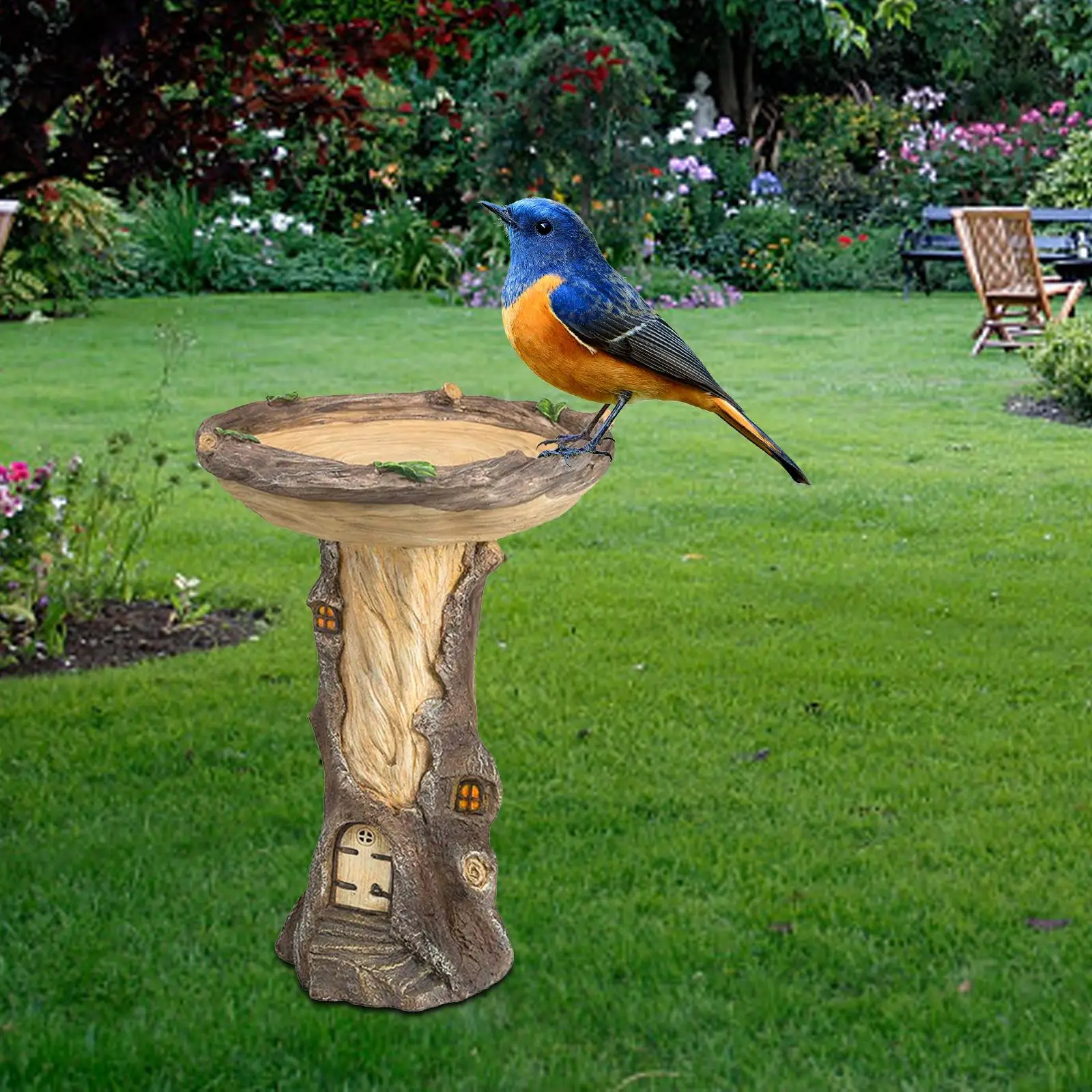 Resin Feeder,Tree House Statue Figurine Fence Deck Garden Bird Bath Bowl Feeding Station for Hummingbird,Balcony,Housewarming