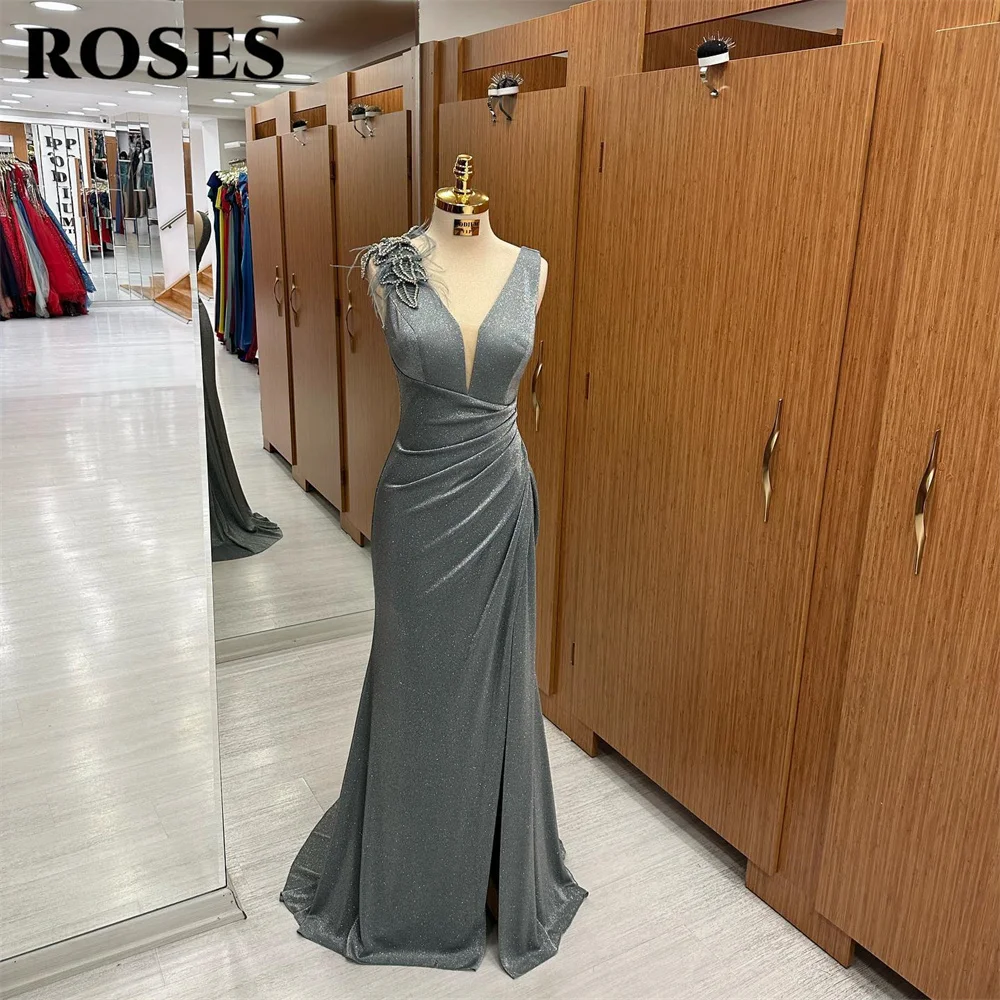 

ROSES Grey Prom Dresses V-Neck Evening Dress Glitter Mermaid Open Back Party Dress With Feathers Tank Crystal Sleeveless 프롬드레스