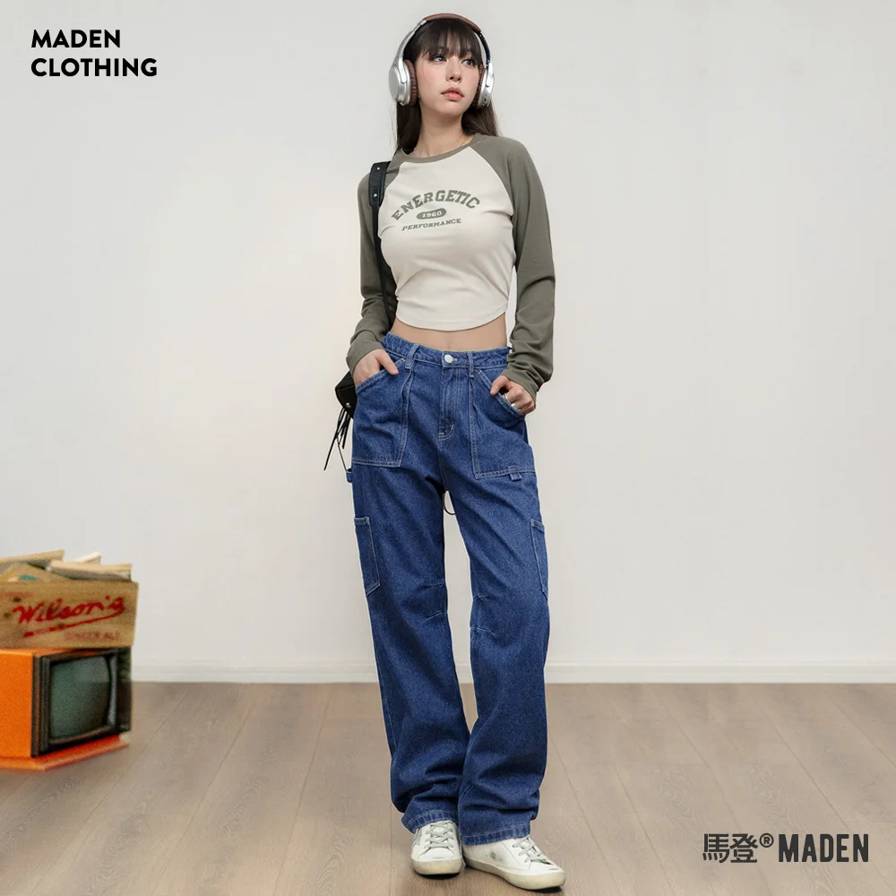 

Maden Washed Straight Mid-rise Jeans for Women 12OZ Cotton Blue Denim Multi-Pocket Workwear Pants Vintage Irregular Whitewashed