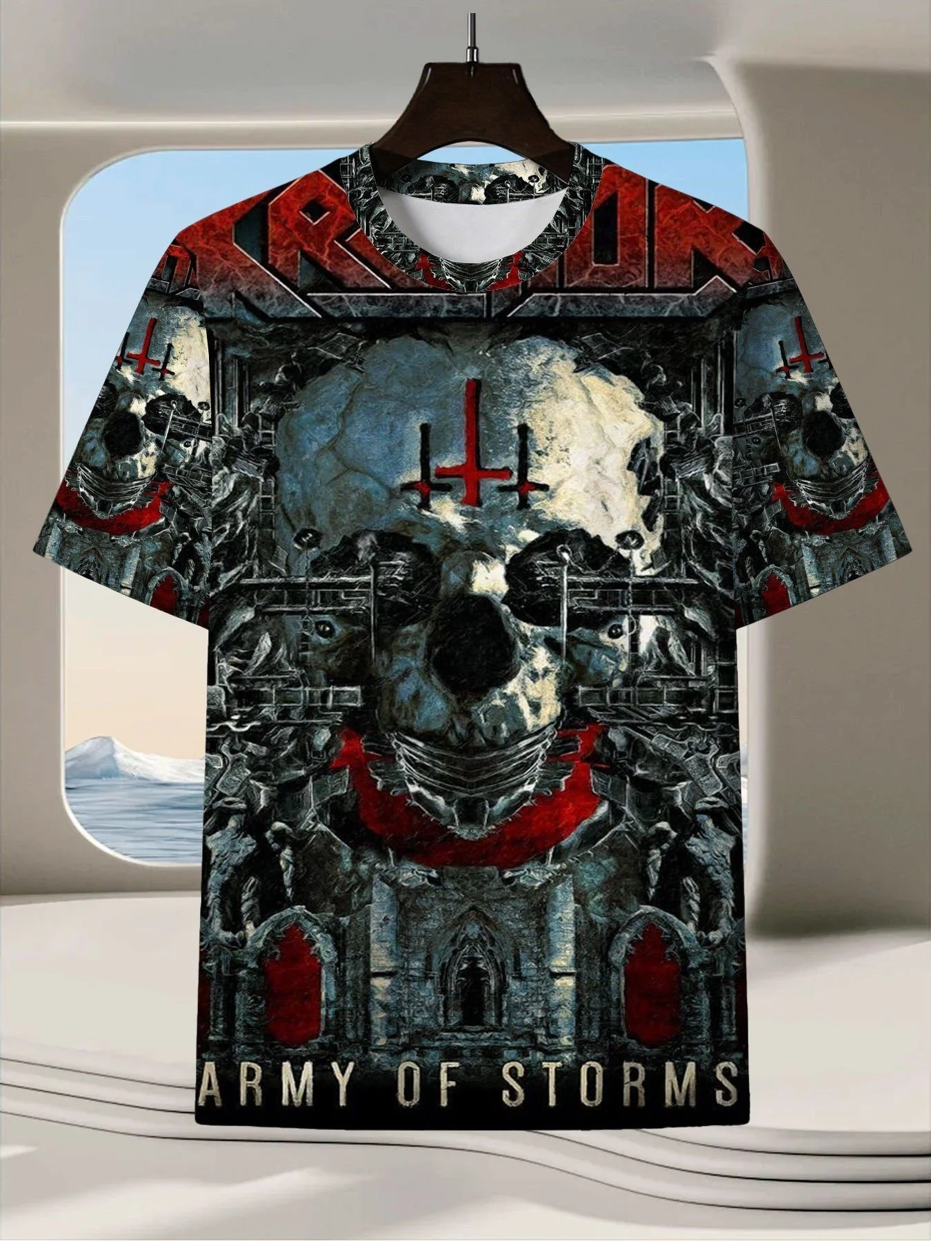 Men Black Red Skull Cross Church Vintage Metal Rock 