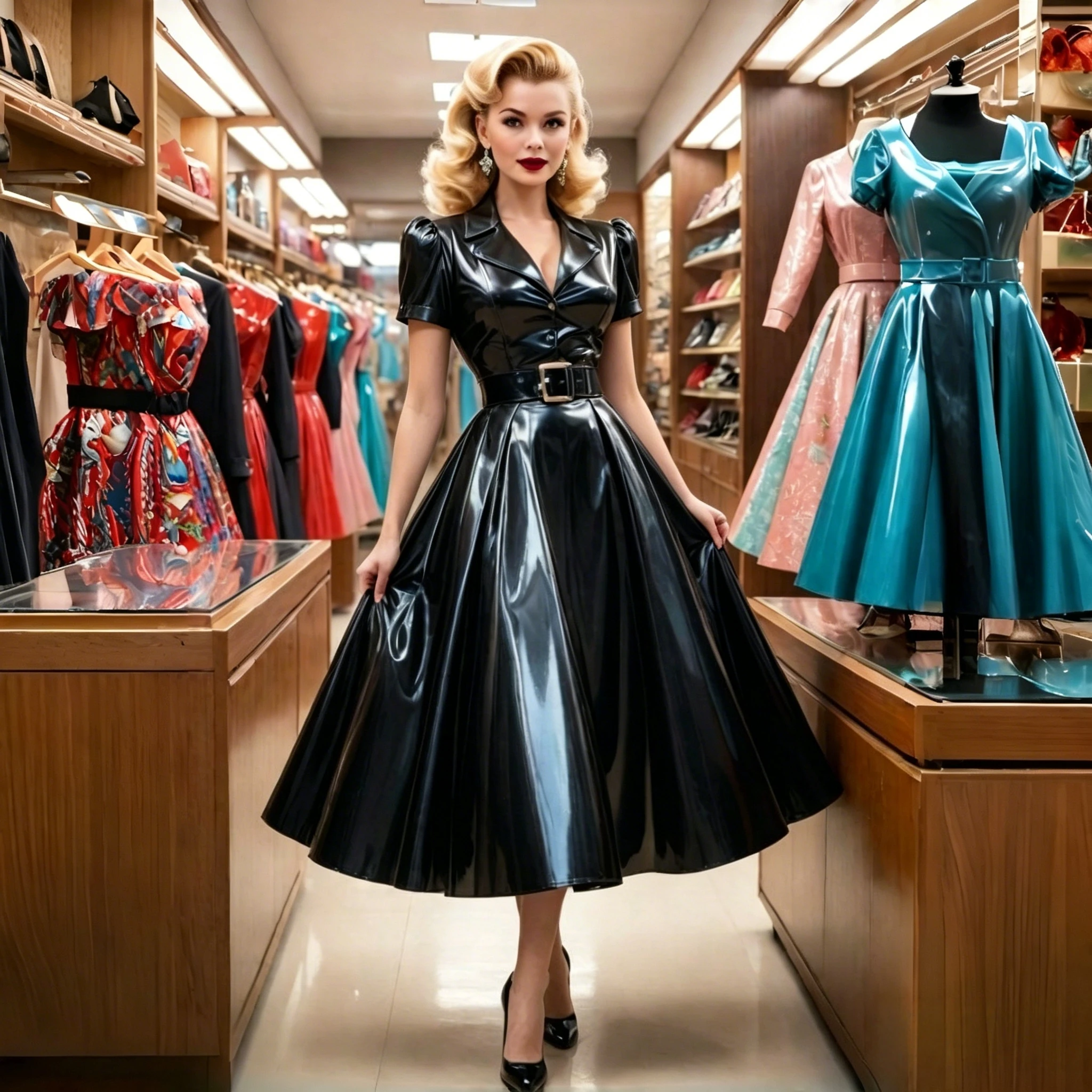 Glänzendes PU-Leder Ballkleid Vintage Rockabilly 50er Jahre Pinup-Kleider Elegantes Cocktail-Party Swing Midi-Abendkleid Maßanfertigung