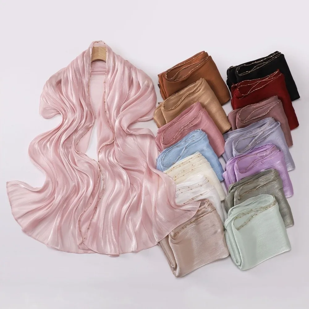 High Qulaity Solid Color Silk Scarf Shining Chiffon Chiffon Hijab Veil Soft Unilateral golden chain Ramadan Long Scarf Outdoor view 4