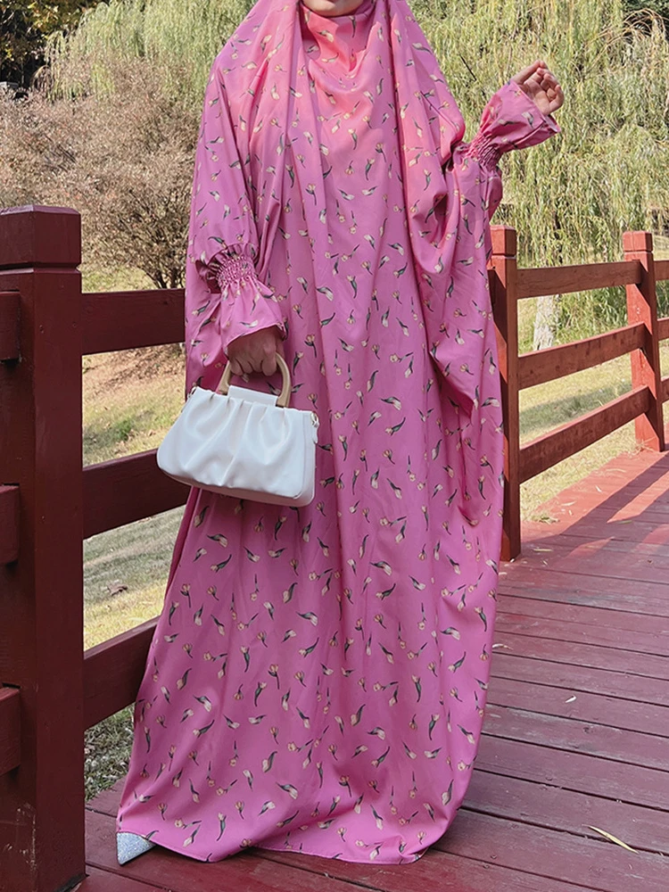 Moroccao Party Dress for Women Muslim Prayer Abaya Print Eid Mubarak Niqab One Piece Long Khimar Robe Musulmane Kaftan