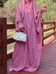 Abito da festa marocchino per donna preghiera musulmana Abaya stampa Eid Mubarak Niqab un pezzo lungo Khimar Robe Musulmane caftano