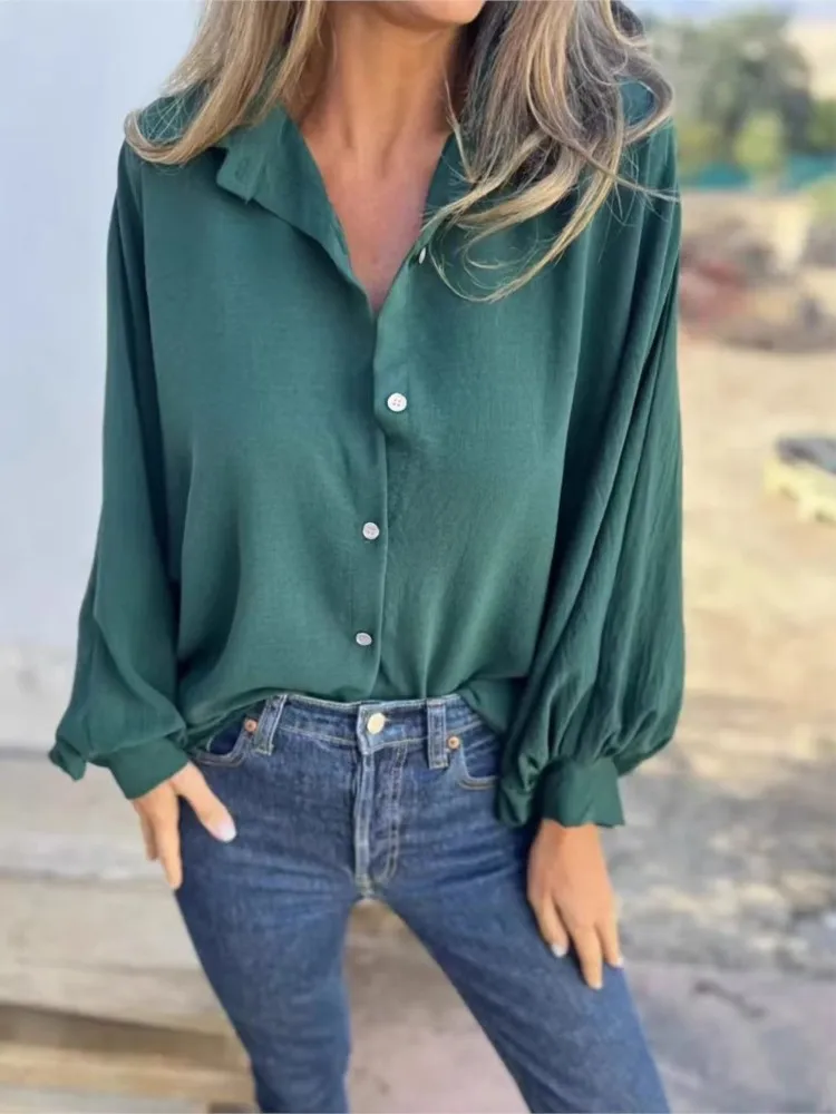 

Female Basic Casual Solid Color Top Spring Fashion Flip Collar Single-row Buckle Loose Shirt Autumn Ladies Simple Style Blouses